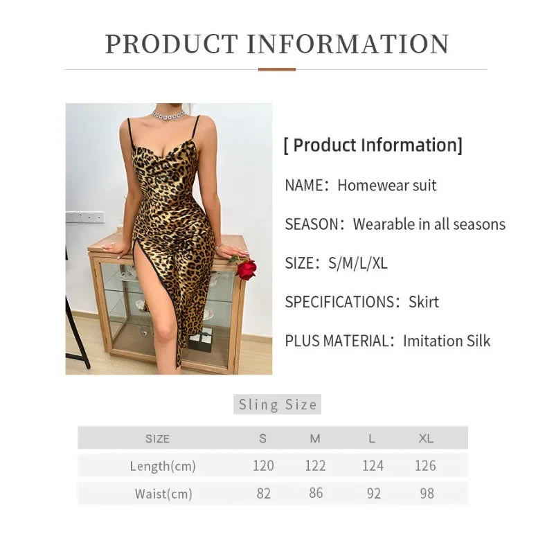 Mode Leopard Nachthemd Frauen Luxus Backless Slit Leibchen Rock Hause Tragen Sommer Dünne Atmungsaktive Imitation Seide Sexy Pyjamas