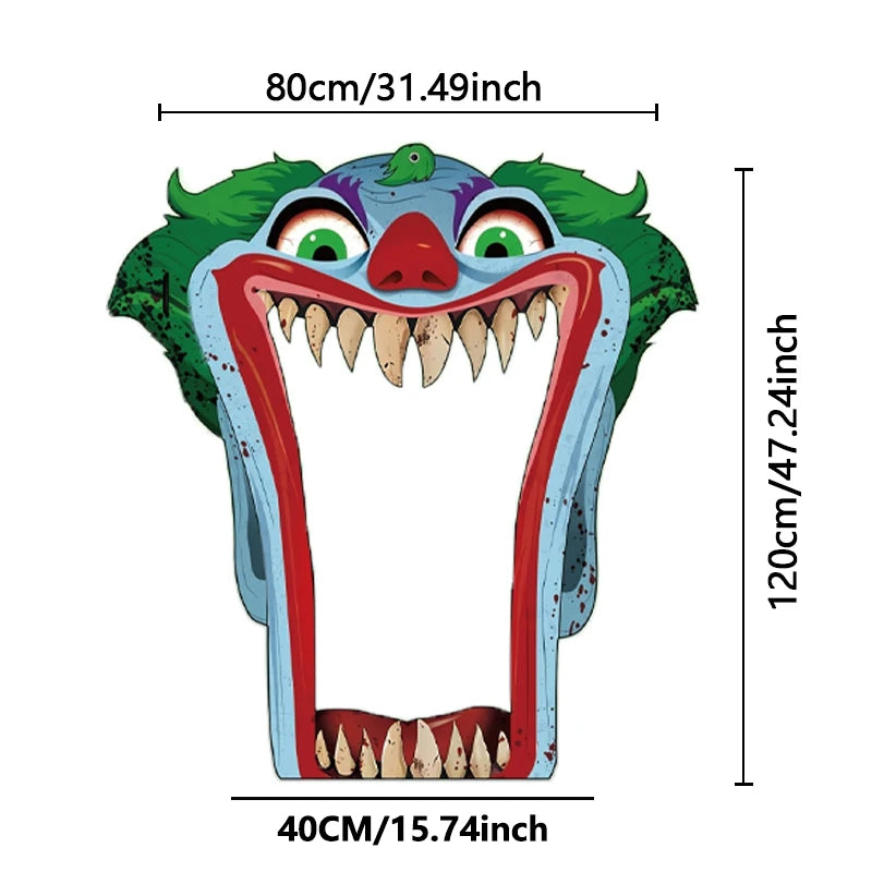 2D банер за врата, голяма декорация за врата с ужасяващ клоун за Хелоуин - кървав нож и зловеща усмивка, подходяща за партита 2026