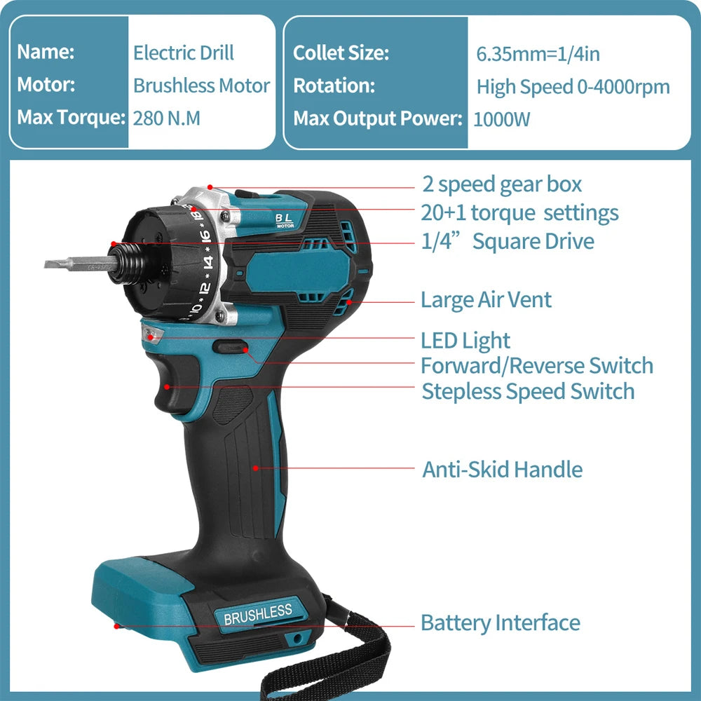 1000W 20+1 Torque 1/4inch Brushless Electric Screwdriver Cordless Electric Drill Power Tool for Makita 18v Battery 280N.m