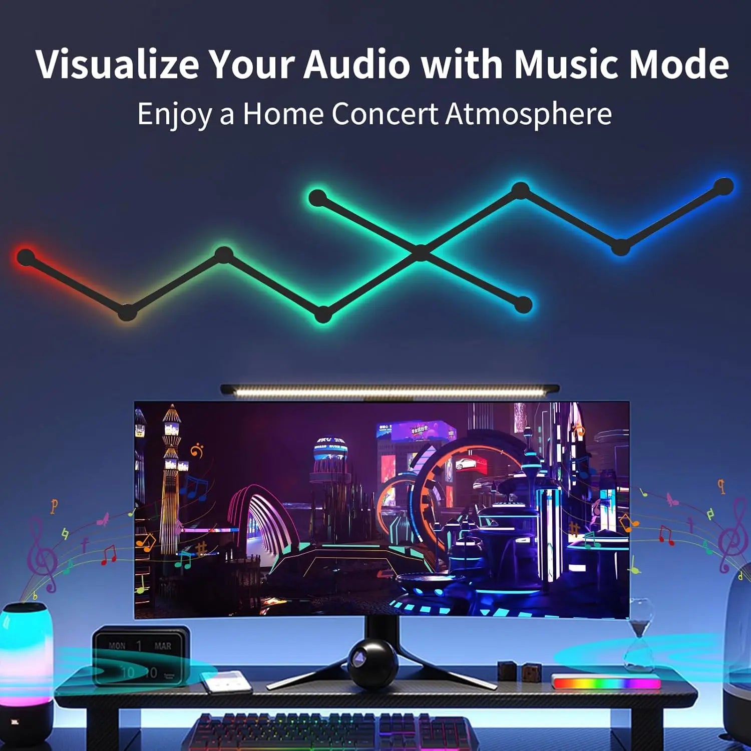 Smart RGB LED Wall Light Lines, Dimmable DIY Wall Gaming Light Music Sync for Gaming Room, Living Room (9 Pcs Black or White)
