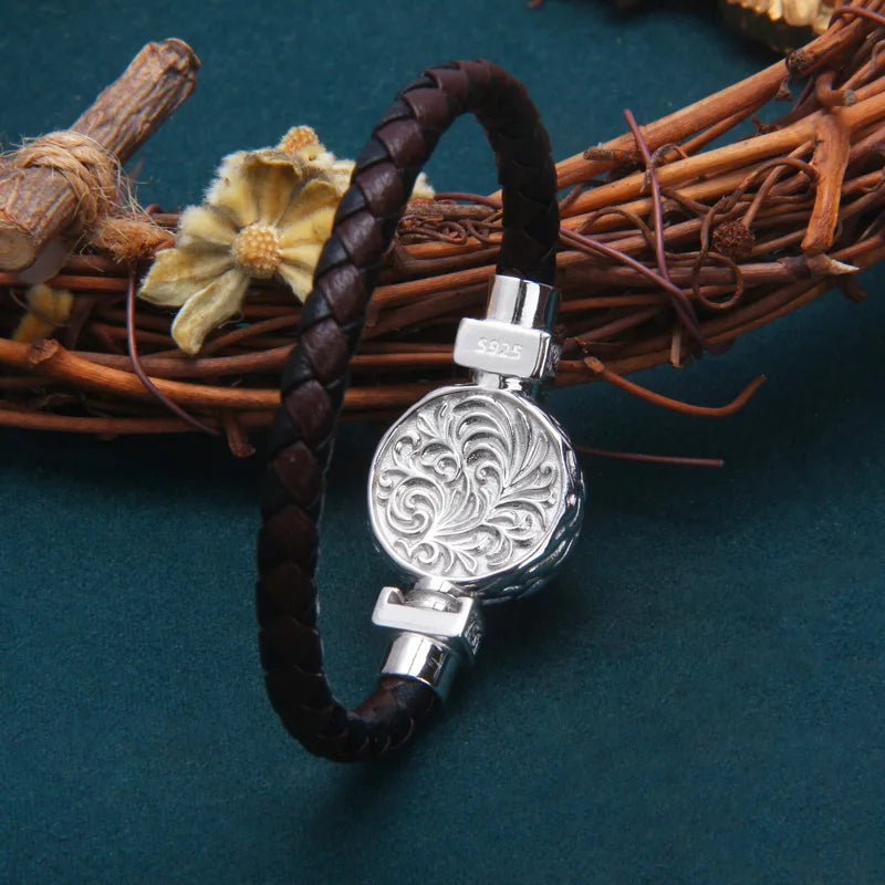 Bracelet Bangle Pure 925 Sterling Silver Leather Rope Woven Magnetic Luxury Brand Fine Jewelry Man Woman 2024 New In Festoon B5