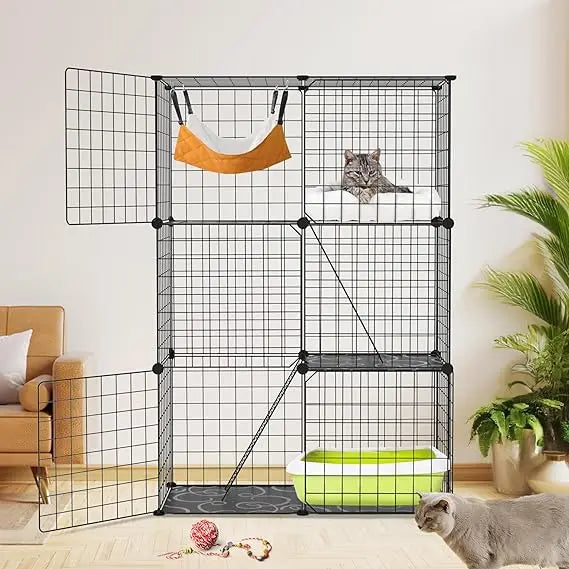 Large 3-Tier Cat Cage & Enclosure - Detachable Indoor Cat Playpen with 3 Doors & 2 Ramps, Metal Wire Cat Crate House Box for 1-2