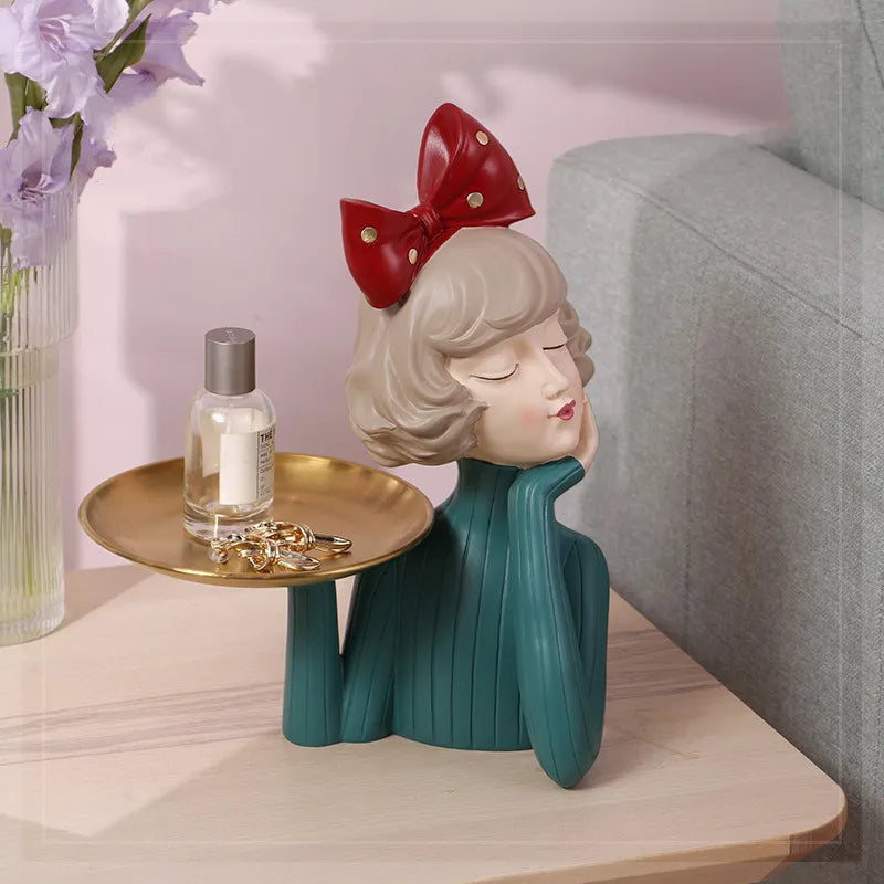 Modern Bow Girl Statue for Entrance Key, Storage Tray, Ornaments,Home Decor Crafts, Figurines,Snacks Candy Storage Tray, Gift