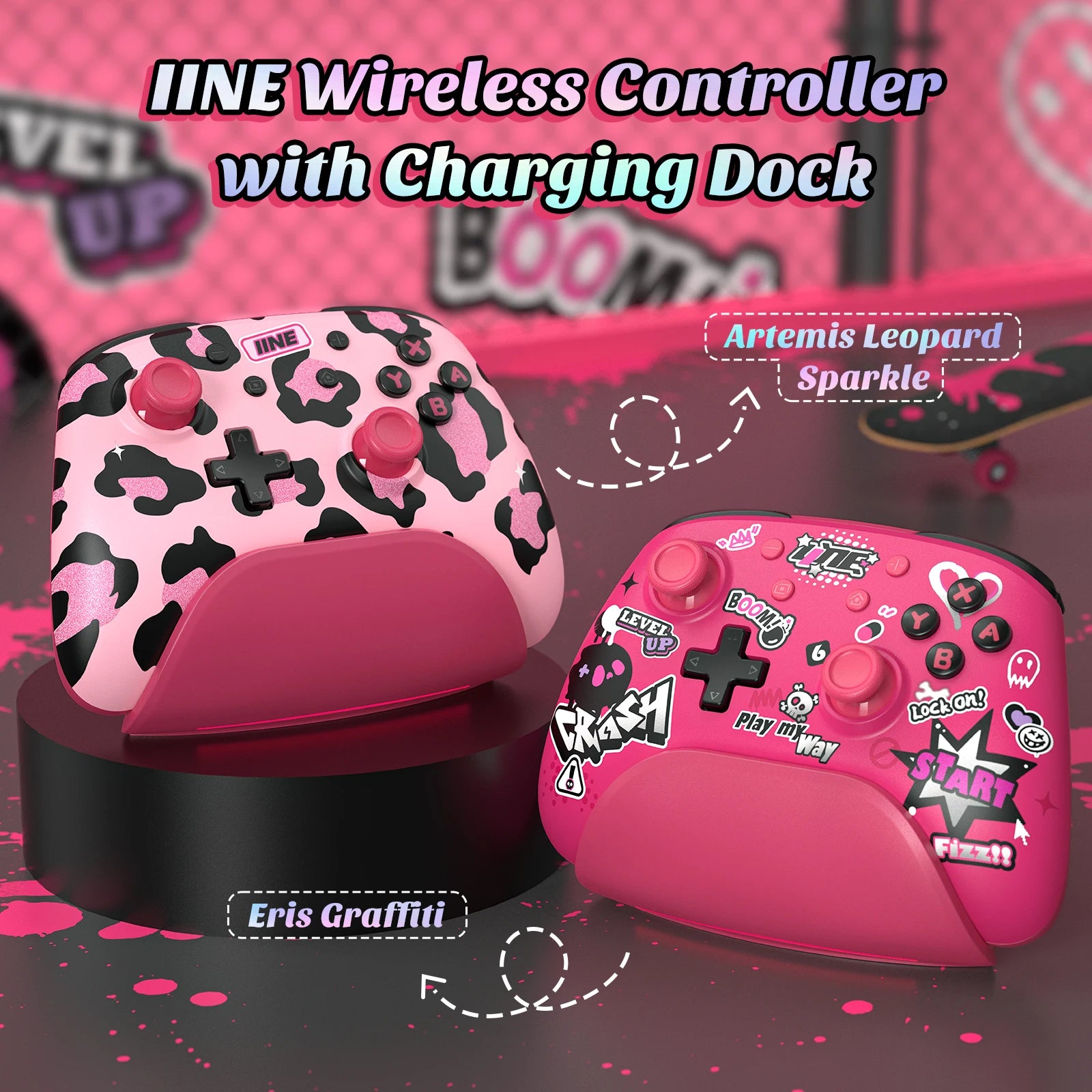 IINE Pink Wireless Controller with Charging Dock for PC/Laptop/Switch/Steam/iPad,support NFC Amiibo Auto-Fire Macro