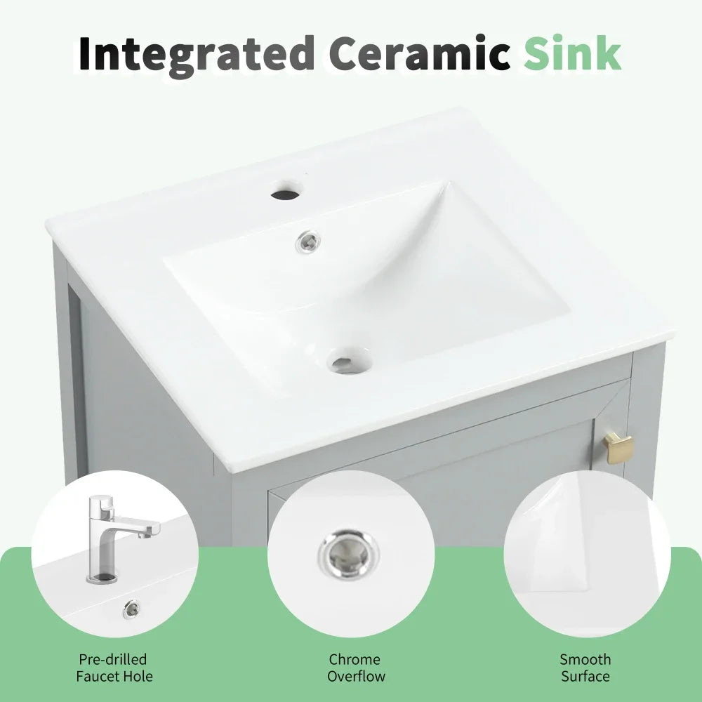 20" Bathroom Vanity with Sink, Bathroom Cabinet with Soft Closing Door, Storage Rack and A Drawer, Grey