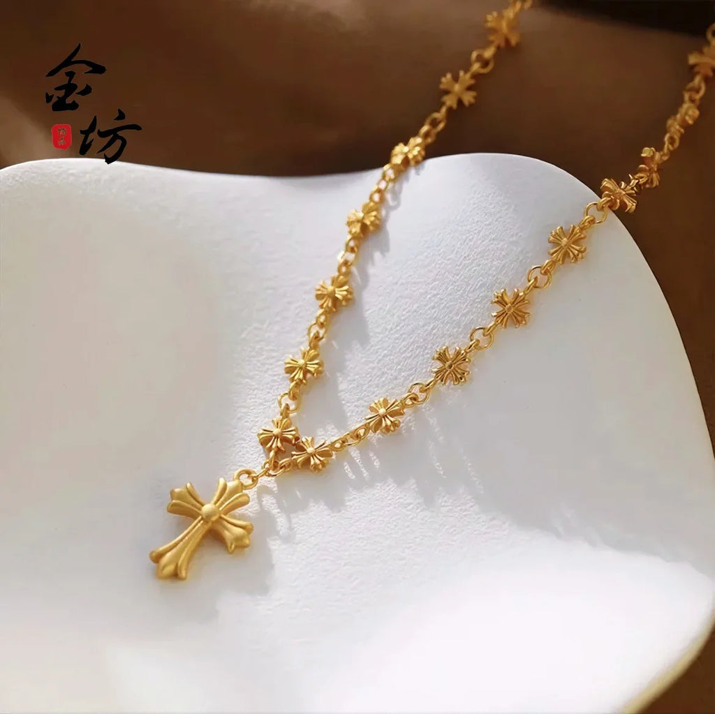 Fashion 9999 24K real gold retro ethnic style golden Crow cross necklace light luxury versatile jewelry for women