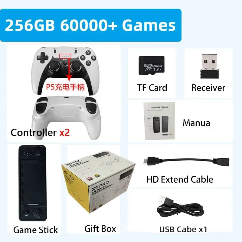 charge Controller X9 Pro Retro 4K 3D Game Stick TV HD Video Game Console 905X3 Chip 256G 60000 Games For PS1/PSP/SFC/N64