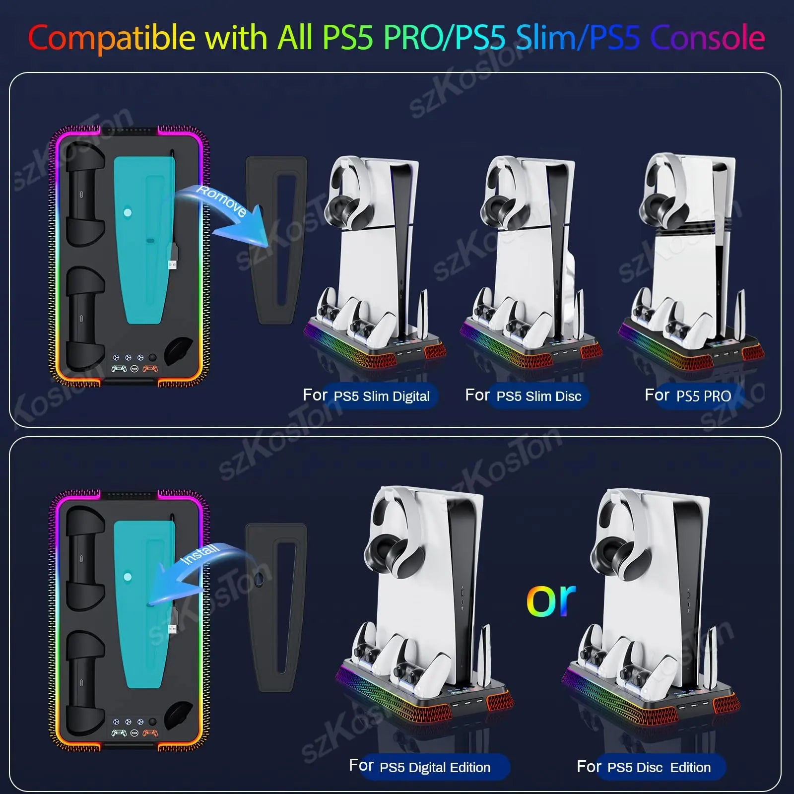 For PS5 Pro PS5 Slim Games Consoles Vertical Stand Cooling Station Controller Charger Cooling Fan for PlayStation 5 Accessories