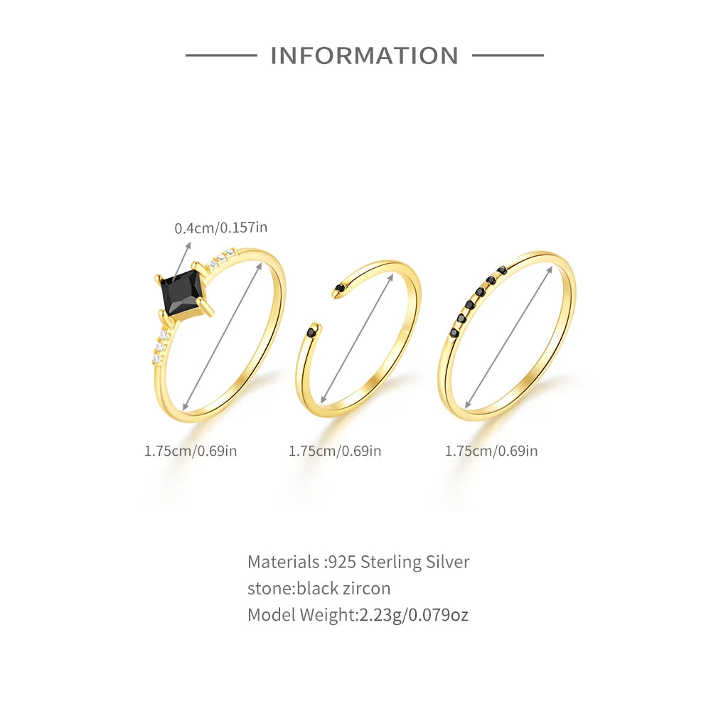 Aide 925 Sterling Silber 3-teiliges Set Einfacher Kreis Verstellbarer Ring für Frauen Minimalistischer schwarzer Zirkon K Gold Feiner Schmuck Partygeschenk