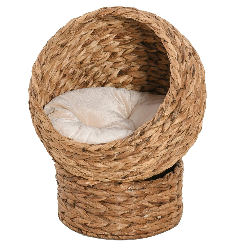 For PawHut 20" Elevated Cat Bed, Natural Braided Banana Leaf Basket with Cushion, Brown