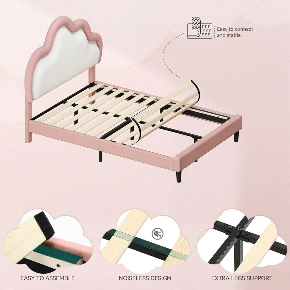 Queen Size Upholstered Bed with LED Smart Features and Adjustable Cloud Headboard, Platform Bed Frame