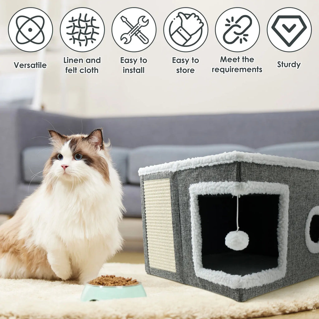 Cat House for Indoor Large Foldable Cat Bed Cave with Ball and Scratch Pad Cozy Kitty Hideaway for Kitten Small Pet Cat Houses
