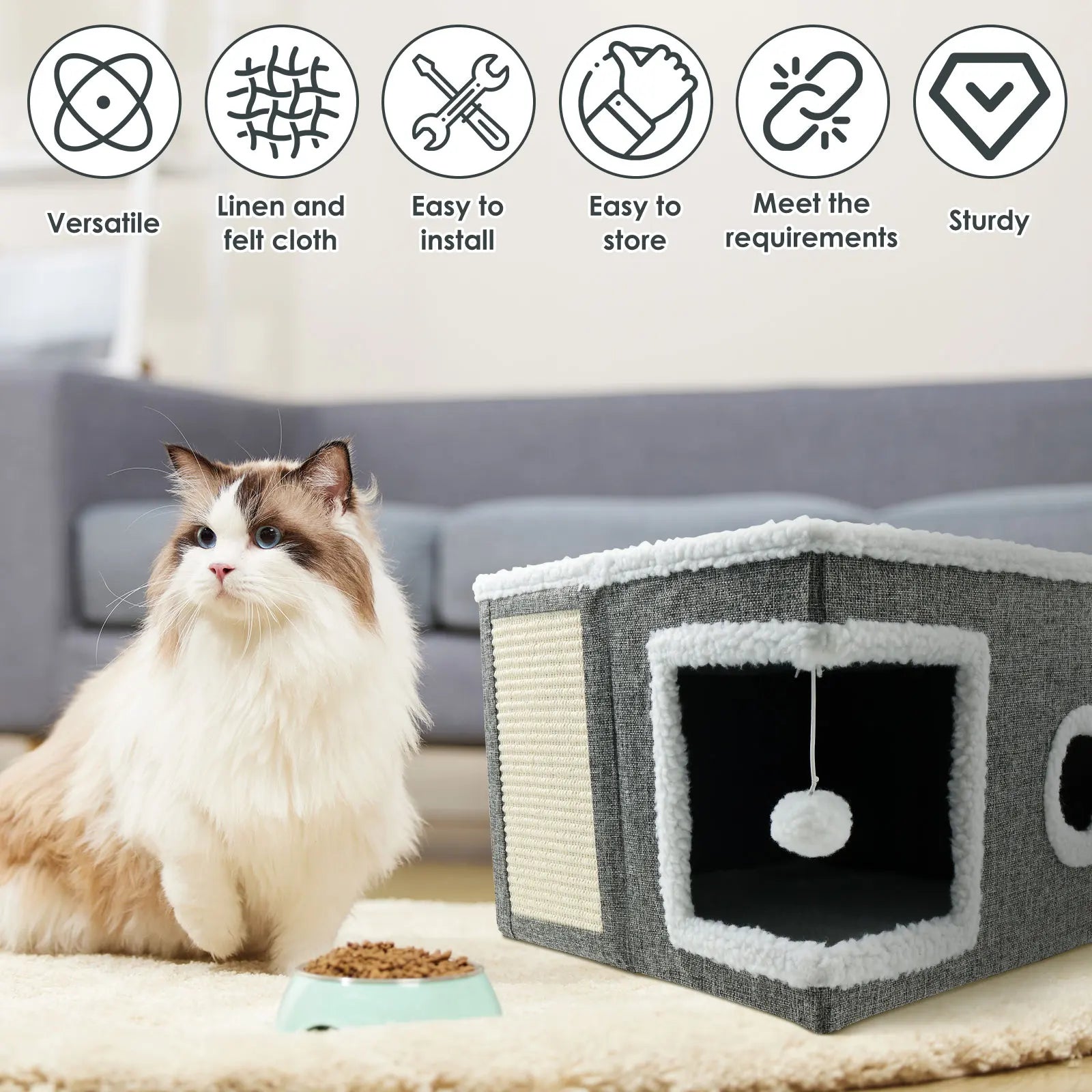 Cat House for Indoor Large Foldable Cat Bed Cave with Ball and Scratch Pad Cozy Kitty Hideaway for Kitten Small Pet Cat Houses