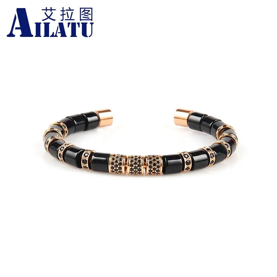Ailatu 5 teile/los Edelstahl Armreifen Naturstein Zylinder Perlen Armbänder Luxus Männer Schmuck Top Qualität