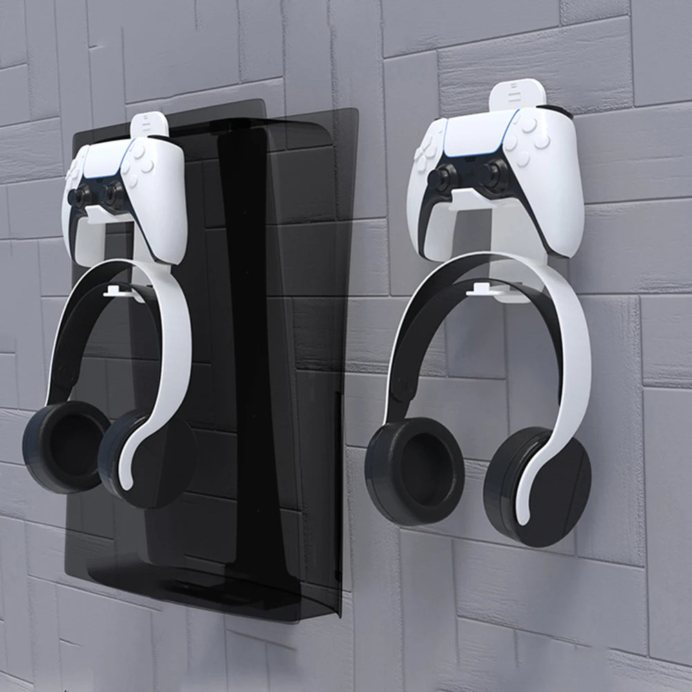 Space Saving Wall Mount Kit for PS5 Slim Console with Controller and Headset Hook for Organized Storage