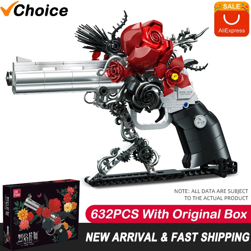 MOC Mechanical Retro Rose Revolver Building Blocks West Cowboy Pistol Guns Flowers Bricks Toys Collection Ornaments Kids Gifts