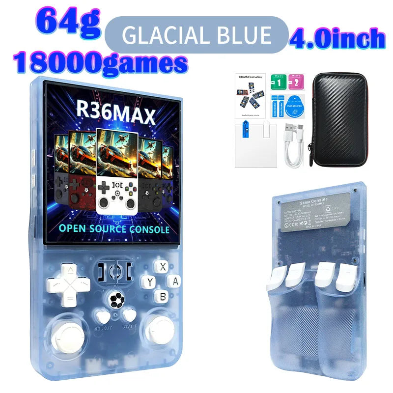 R36MAX Игрална конзола 64GB 128GB 18000+ ИГРИ Linux система 4.0-инчов K36 срещу R36S 3.5-инчов джобен видео плейър. Не е необходимо изтегляне.