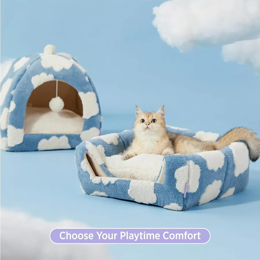 2 in 1 Cozy Cat Cave Bed for Indoor Kittens and Small Pets with Removable Washable Cushioned Pillow NonSlip Bottom Design Blue