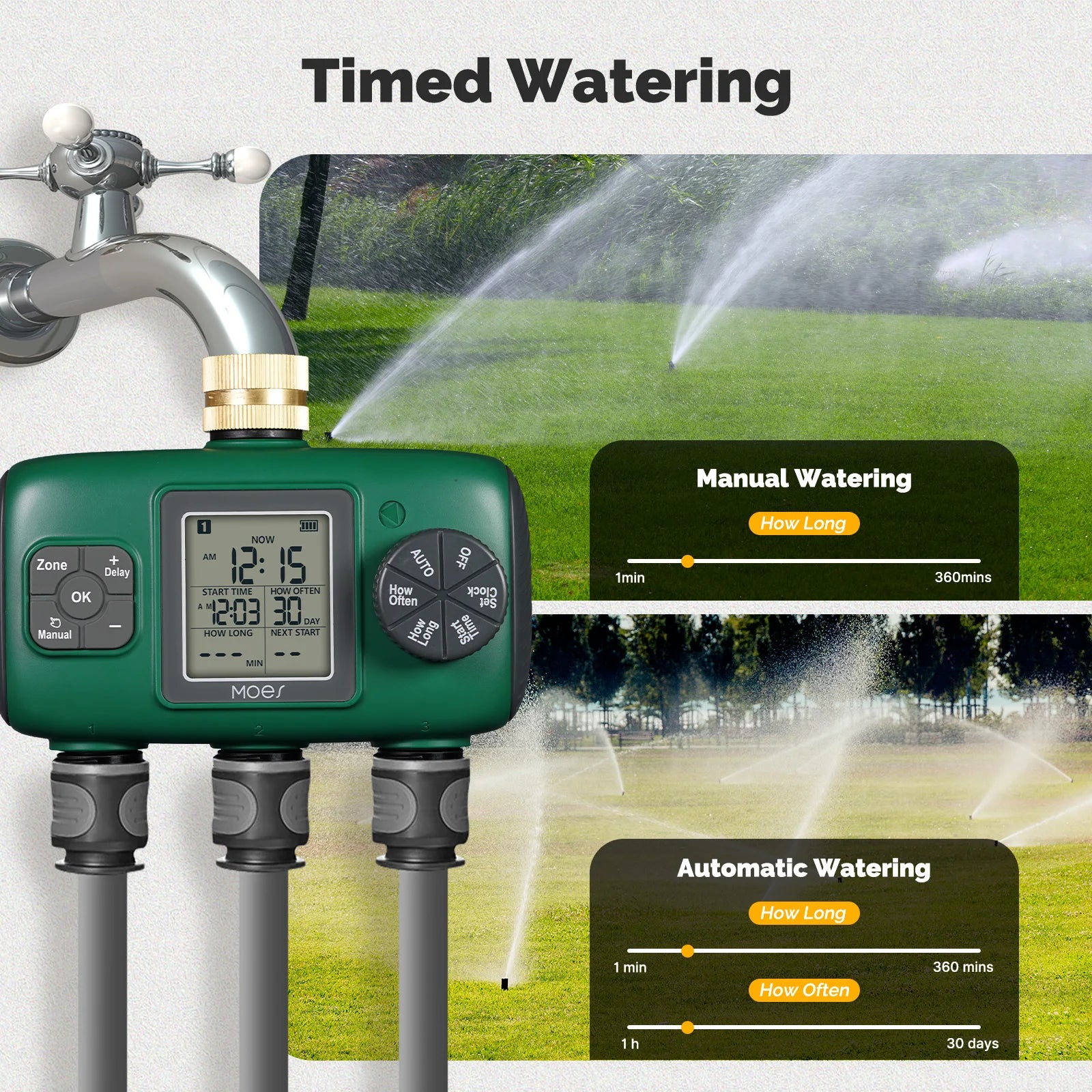MOES 3-Outlet Smart Water Timer Brass Inlet IPX5Waterproof  Knob Button Automatic Irrigation LCD Display Screen Garden Sprinkler