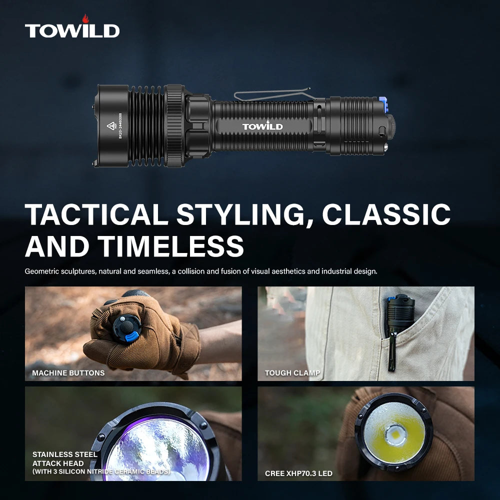 TOWILD BK20 Тактическо фенерче, презареждащо се, 5100lm, ултра мощно LED фенерче IPX8 с дълъг обхват, 450 м, за къмпинг, външно осветление