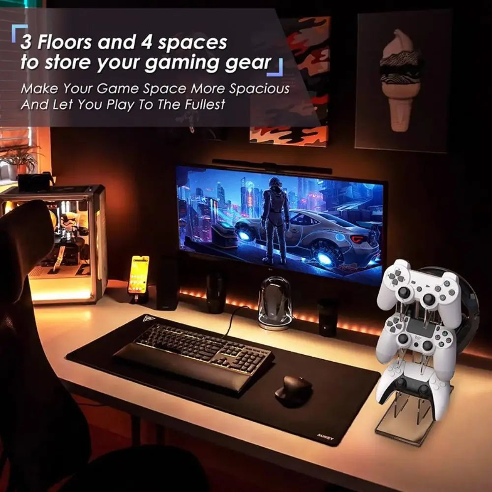 Universal 3-layer Controller Holder Acrylic Durable Headphone Holder Multi-function for PS5/PS4/PS3/PS2/Switch Pro/Xbox