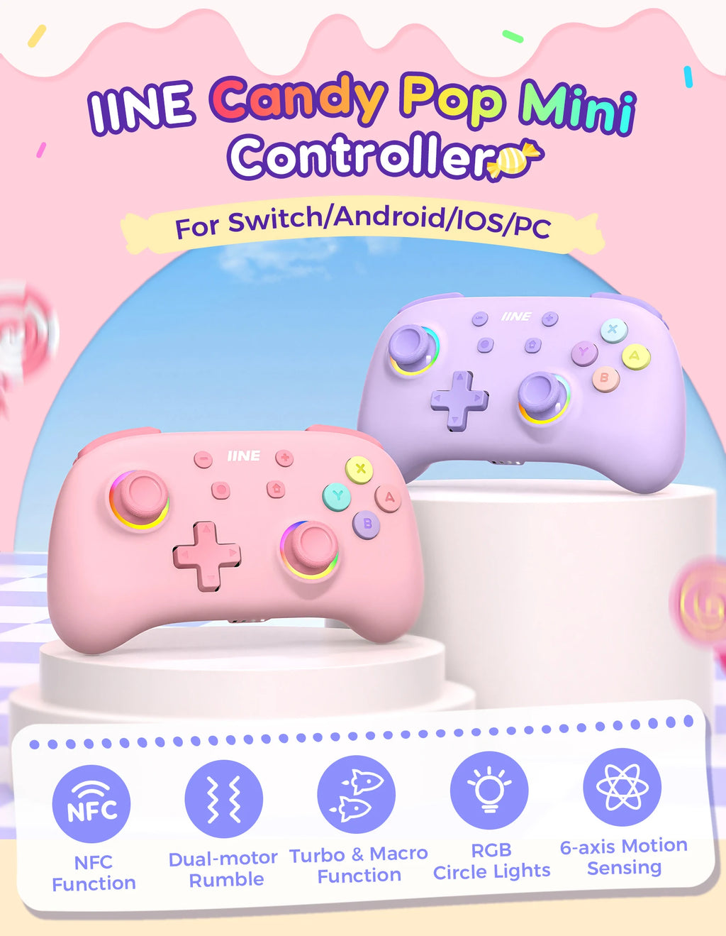 IINE Candy Pop Mini Controller for Switch/PC/iOS/Android/Pad, NFC & Turbo&Macro Function