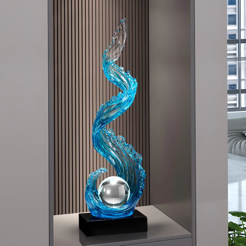 Home Decor Wind and Water Rising Decorations,Blue Resin Sculpture Luxury Living Room Entrance Vertical Art Decoration Customized