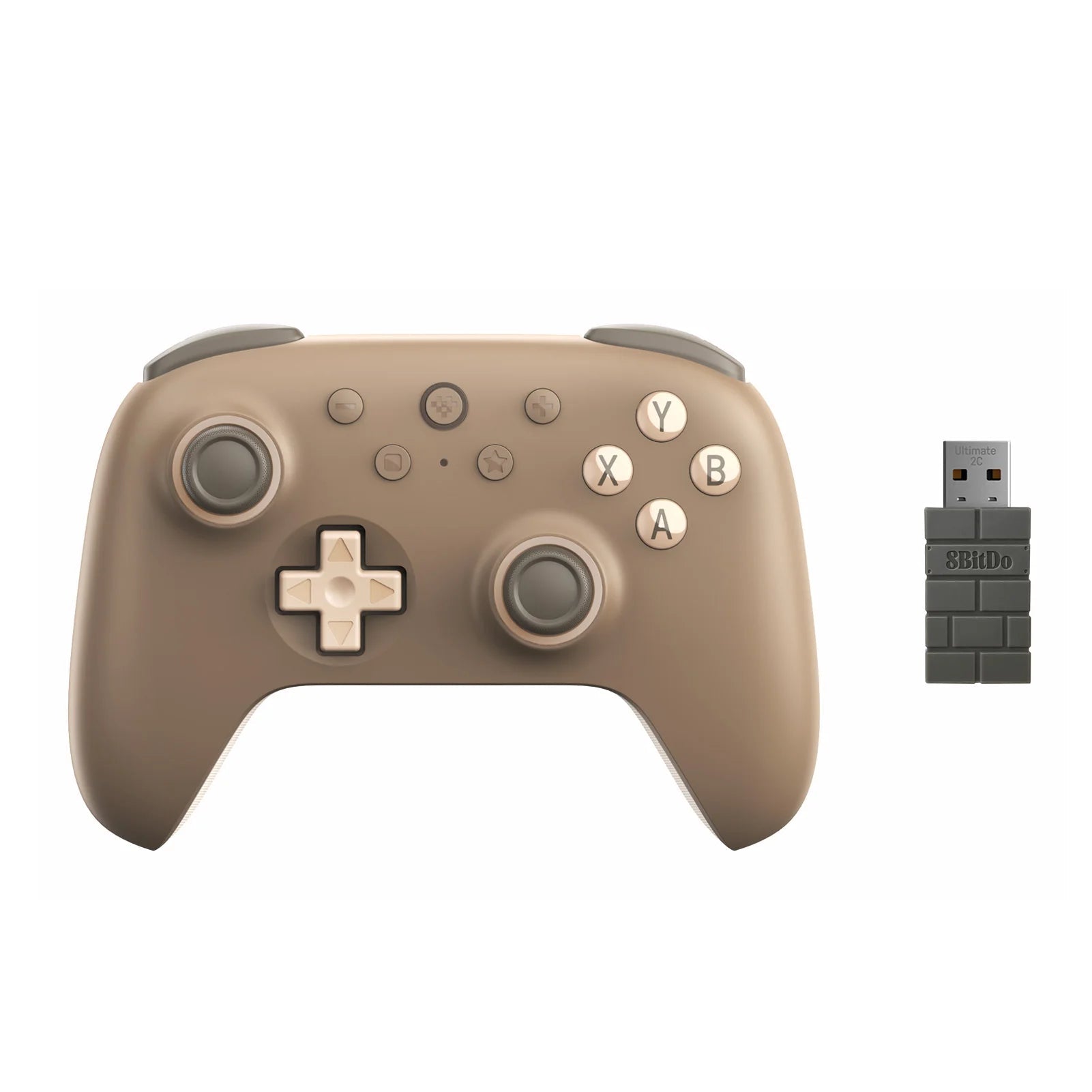 Brown gaming controller with wireless USB adapter on a white background