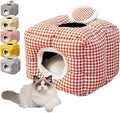 Уютно карирано котешко легло със самозатопляща се и неплъзгаща се основа, пераща се пещера за котки, котенца, кученца и зайци