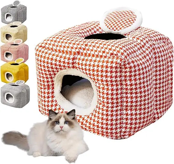 "cozy plaid cat bed with self-warming and non-slip base, washable pet cave for cats, kittens, puppies, and rabbits"
