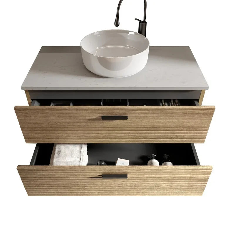 36" Striped Natural Oak Freestanding Bathroom Vanity with Ceramic Sink for Modern Spaces