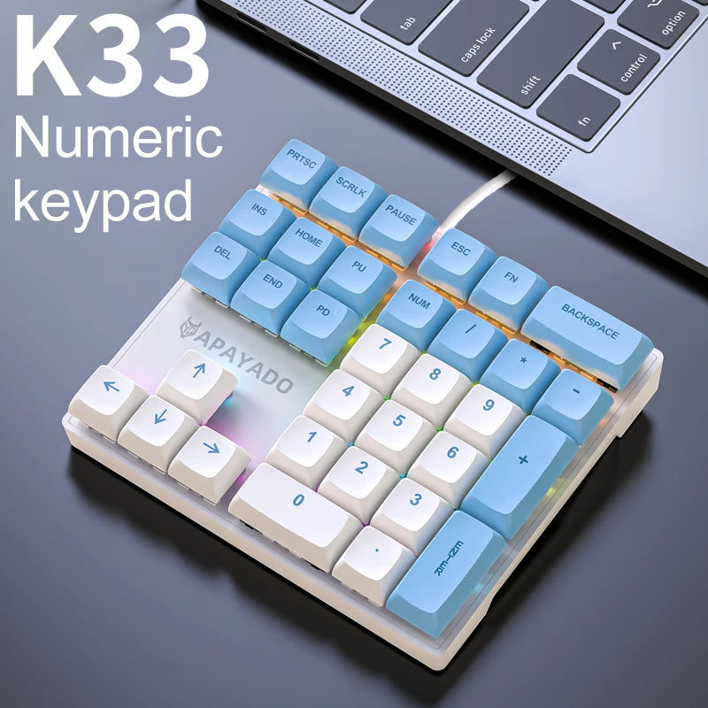 APAYADO K33 Mini-Zifferntastatur, 33 Tasten, blauer mechanischer Schaft, RGB, PBT-Tastenkappen für Treasury/Buchhaltung/Finanzen