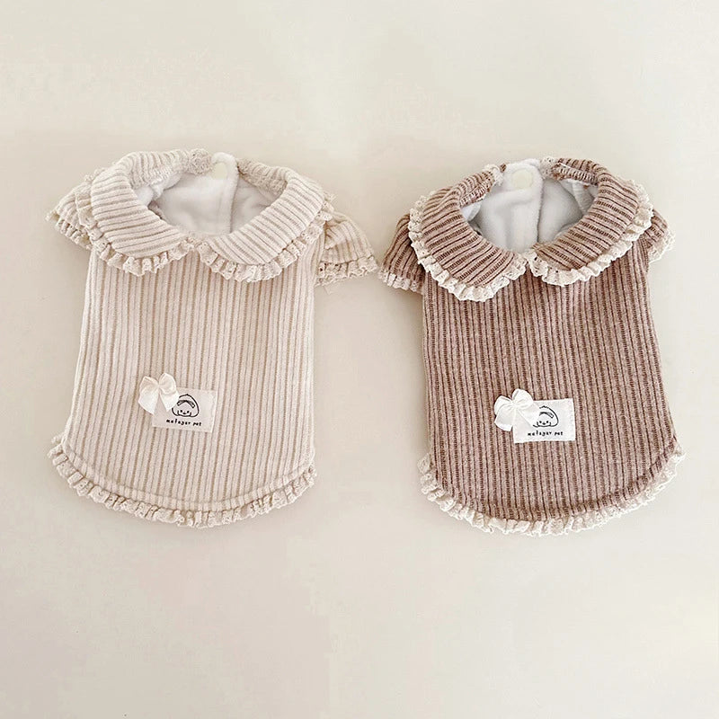 Gestreiftes Cord-Basishemd für Haustiere mit Herbst- und Winter-Samtkleidung, Puppenkragen, Bubble-Halbarm-Kapuzenpullover mit Spitze, Welpenkleidung