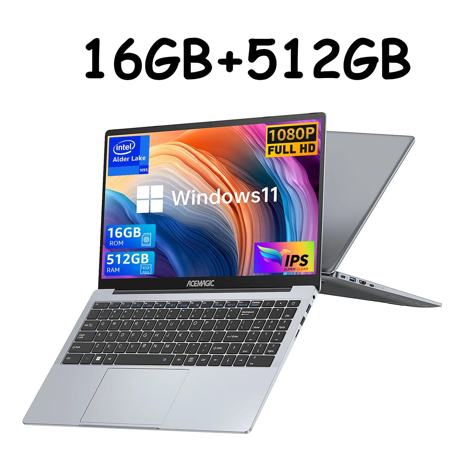 ACEMAGIC 15,6" Ultra Slim Laptop 16GB RAM 512GB SSD Intel N97 Notebook Gamer 1920*1080 Display Büro Studie Computer Windows 11