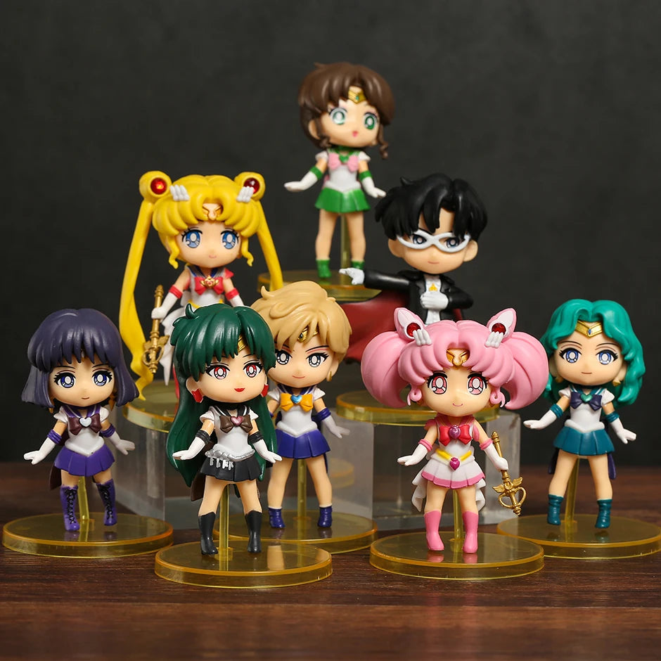 Q Version Sailor Mercury Mars Jupiter Venus Uranus Neptune Pluto Chiba Mamoru PVC Figures Toys Computer Desktop Dolls Set