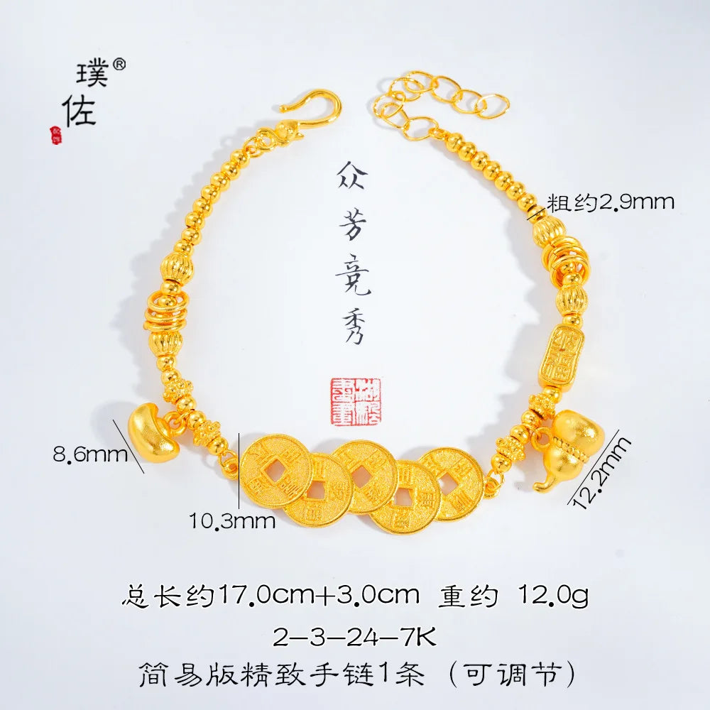 24 Karat AU999 Goldarmband im chinesischen Stil für Damen – Fünf-Kaiser-Münzen, Kürbis-Spiralmuster, klassisch und modisch