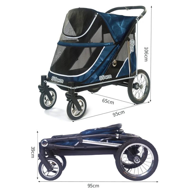 Luxury Foldable Lightweight Four-Wheeled Pet Stroller Oxford Fabric Washable Window Comfortable For Large Small Carriers Travel