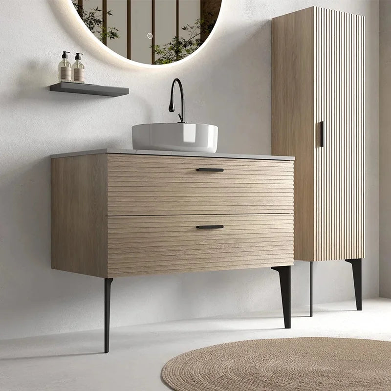 36" Striped Natural Oak Freestanding Bathroom Vanity with Ceramic Sink for Modern Spaces