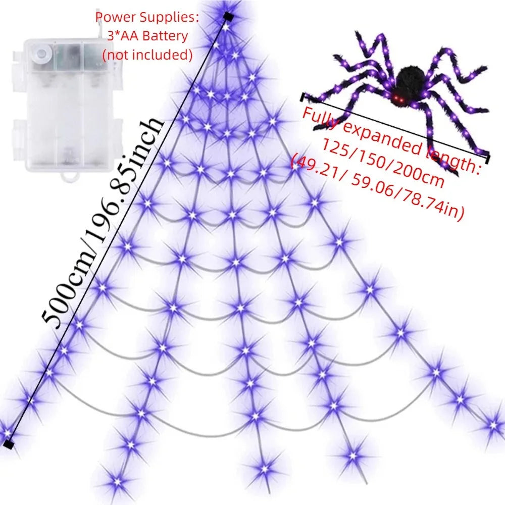 Practical 8 Modes Halloween Spider Web Lights Glow 250 LEDs LED Spider Net Hanging 5m Scary Giant Spider Haunted House