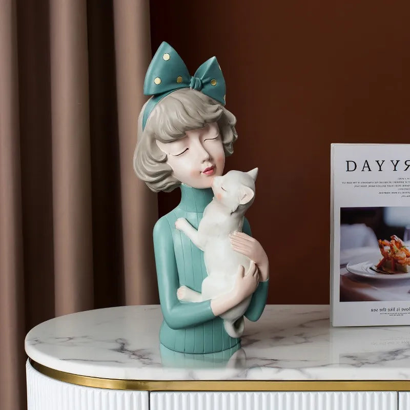 Modern Nordic Bow Girl Hold Cat Hold Dog, Room Decoration Accessories, Dressing Table Crafts, Statue, Sculpture, Birthday Gift