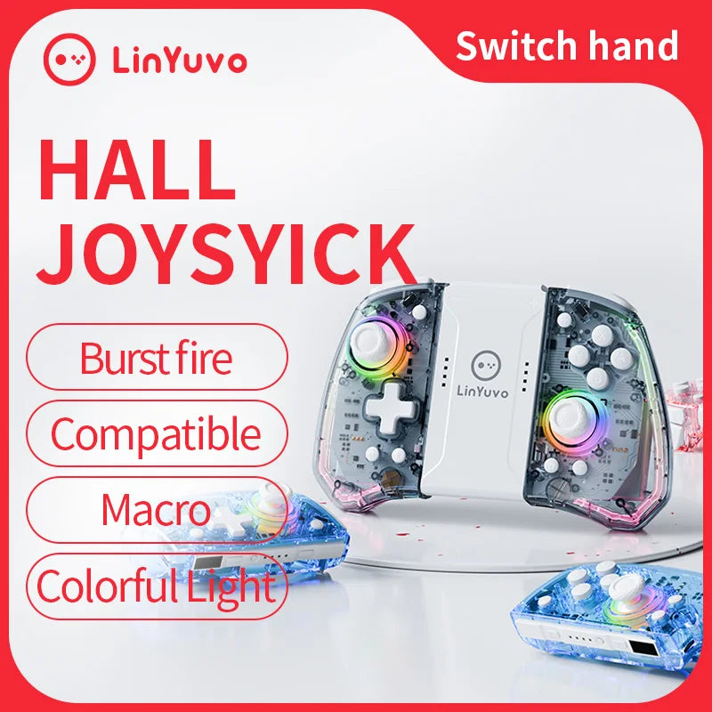 LinYuvo KS40 Transparent Style Wireless Joy-pad with 8 Color LED for Switch/NS OLED,Turbo Function Controller Joystick for Lite