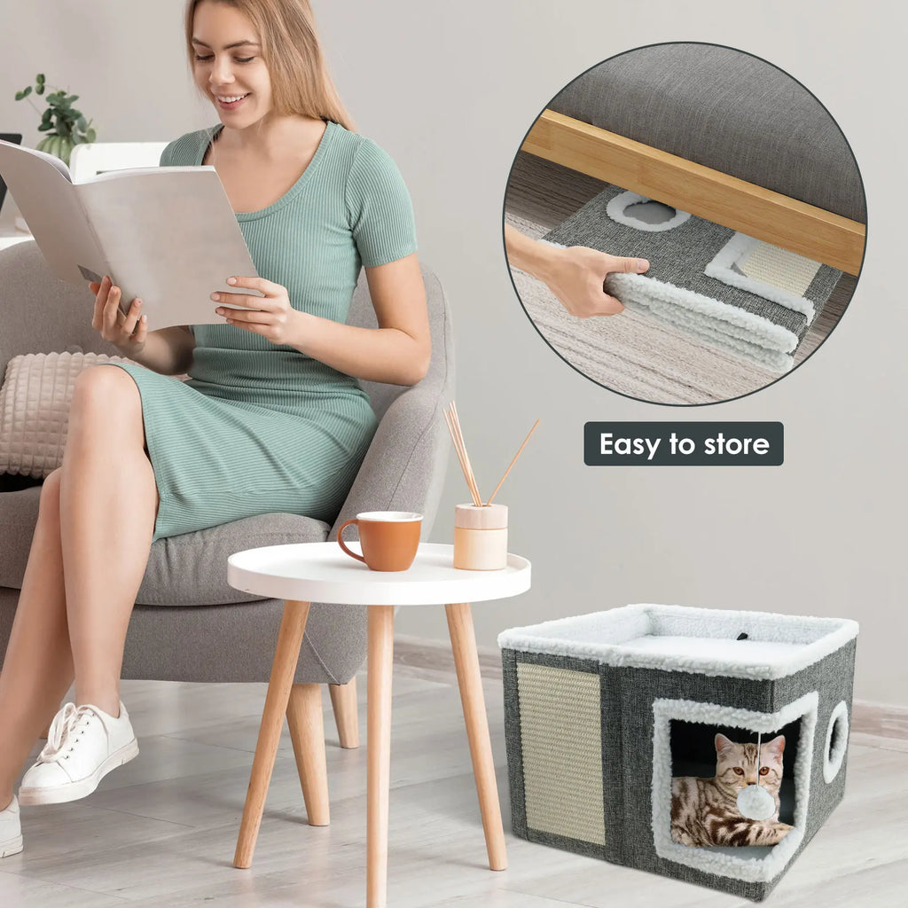 Cat House for Indoor Large Foldable Cat Bed Cave with Ball and Scratch Pad Cozy Kitty Hideaway for Kitten Small Pet Cat Houses