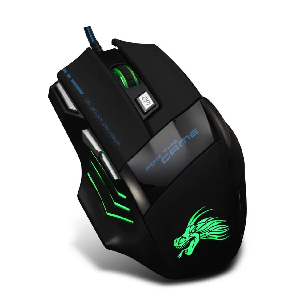 Геймърска мишка с кабел, 7 цвята, регулируема подсветка, 5500 DPI, черна, кабелна, оптична, за компютър, геймър, настолен компютър