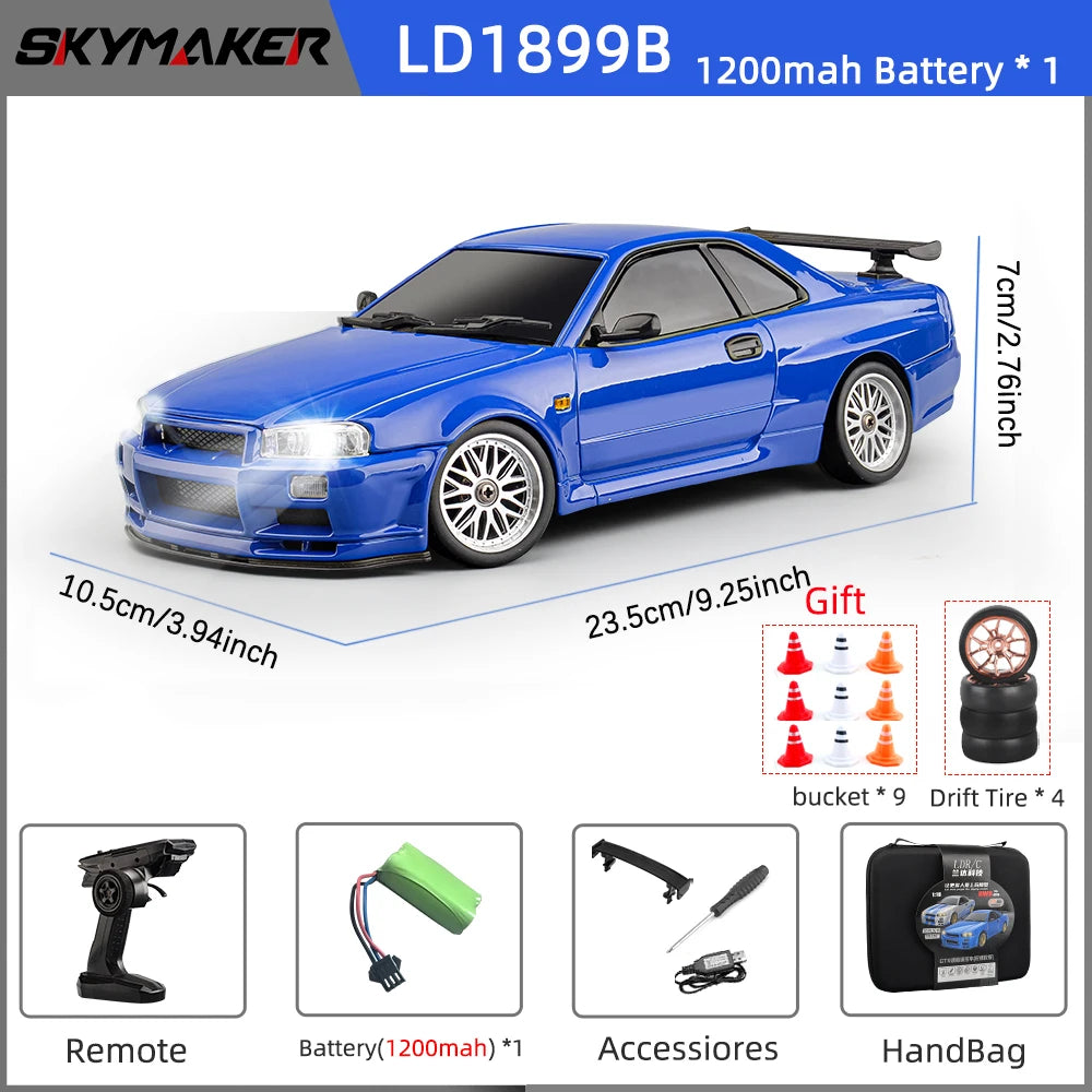 Skymaker LDRC 1/18 RC Drift Car LD1899 GTR-Modus R34 2,4 GHz RWD mit Gyroskop On-Road-Legierung Karosserie Rennwagen für Jungen Geschenke