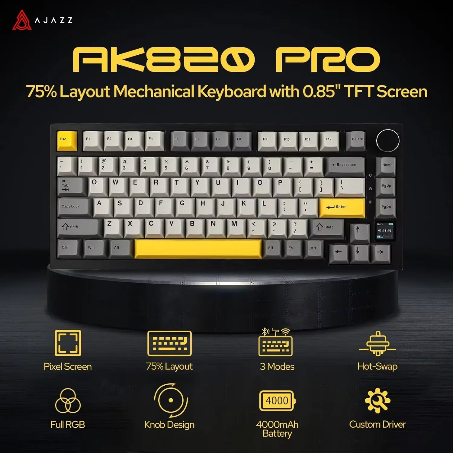 Ajazz AK820/AK820Pro Mechanische Gaming-Tastatur, Bluetooth 5.1/Wireless/C-Wired, kundenspezifische Tastatur mit Hot-Swap-Dichtung für Knöpfe