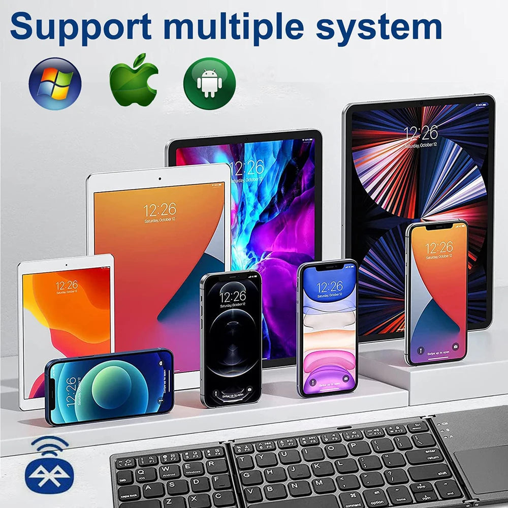 Neue tragbare Mini-Bluetooth-Tastatur mit dreifachem Klappmechanismus, kabellos, faltbar, Touchpad-Tastatur für iOS, Android, Windows, iPad, Tablet
