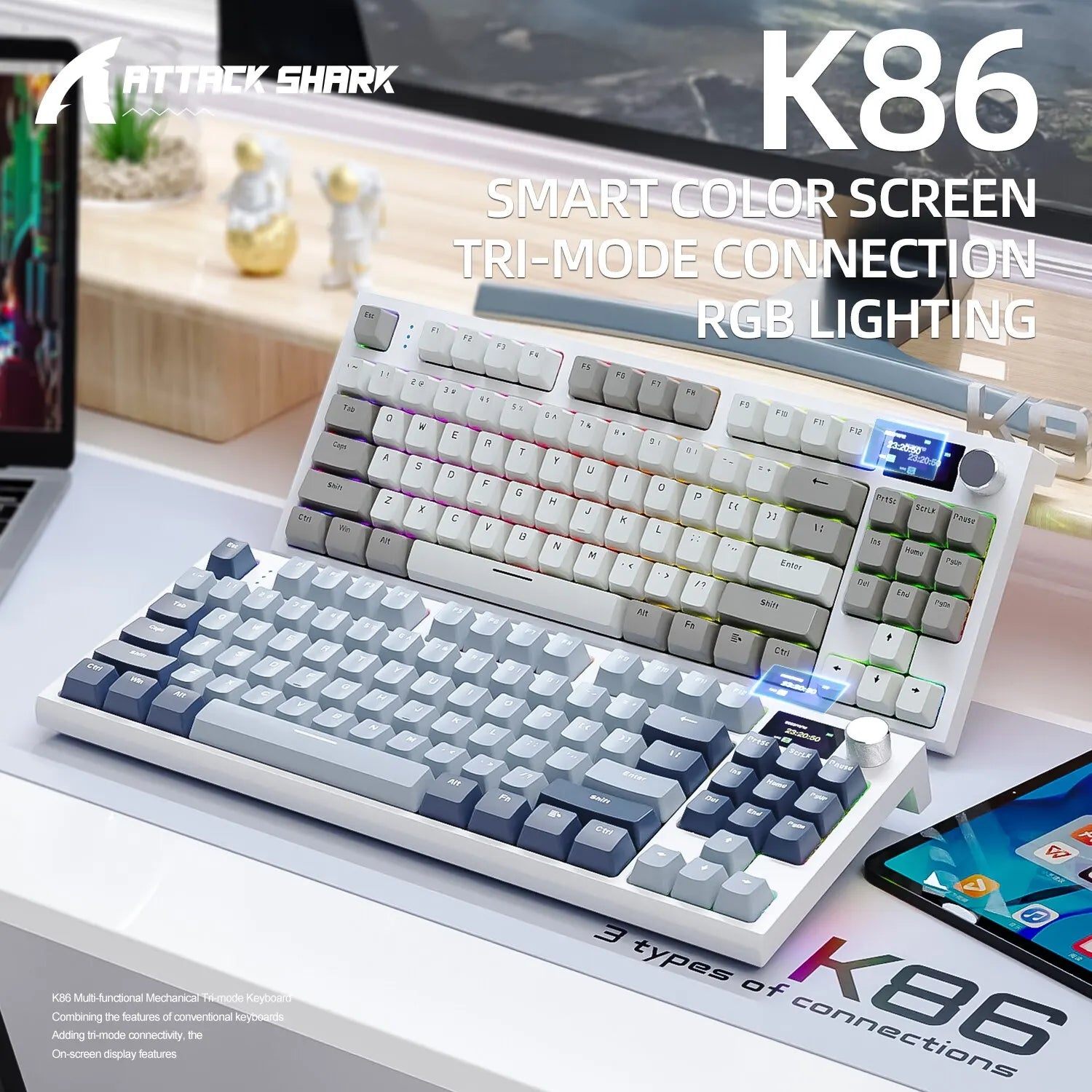 K86 Kabellose, Hot-Swap-fähige mechanische Tastatur, Bluetooth/2,4 GHz, mit Bildschirm und Lautstärkeregler für Spiele und Arbeit