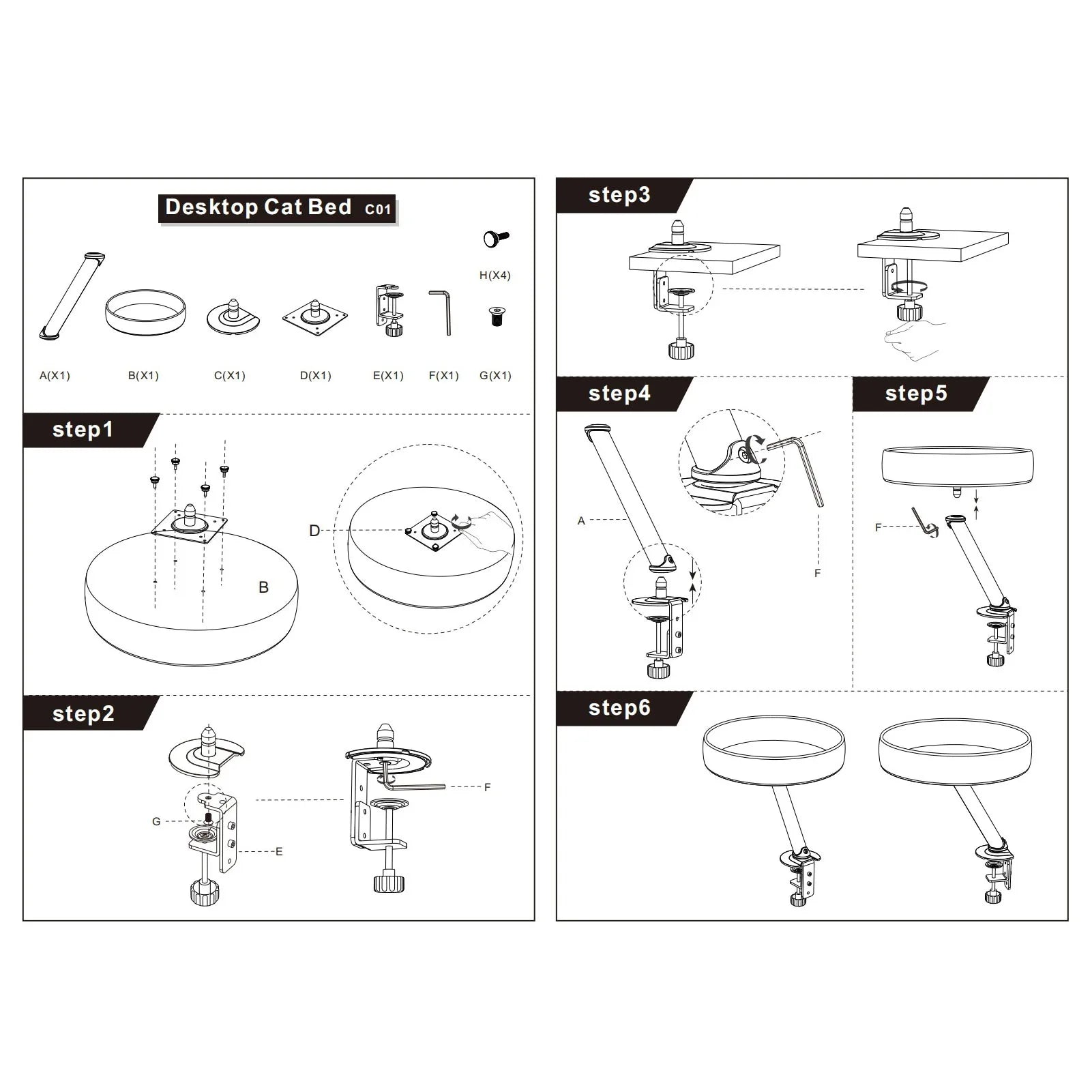 Cat Desk Bed Iron + Plush Stable Frame Adjustable Clamp Soft Plush Kitty Desk Nest Perch for Home Office