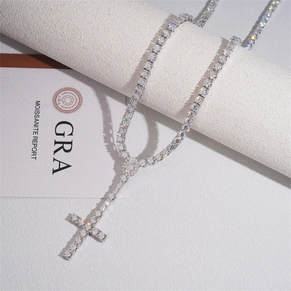 3mm Moissminer VVS Moissanite Long Cross Pendant with Tennis Link Chain Necklaces For Men Women S925 Silver Choker GRA Hip Hop