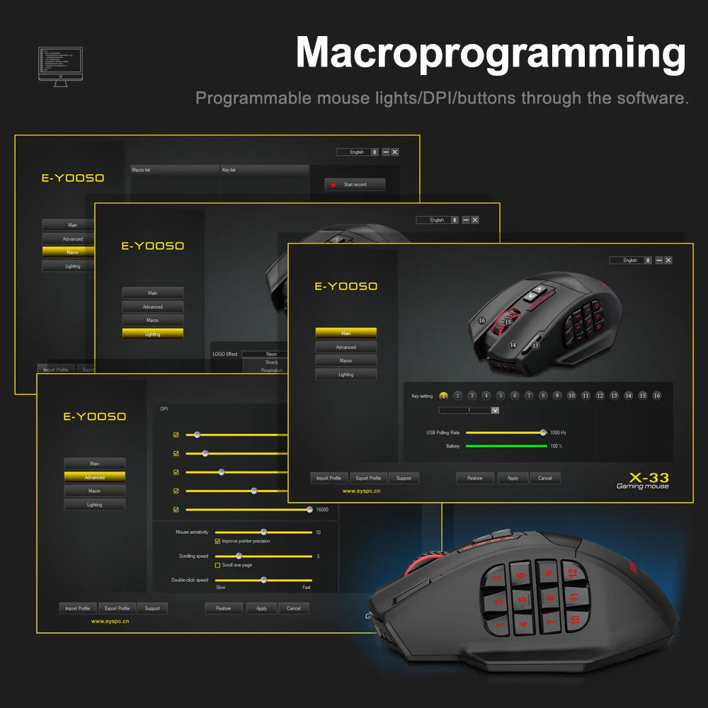 E-YOOSO X-33 RGB USB 2.4G Wireless Gaming-Maus 16000 DPI 16 Tasten Programmierbare optische Spielmäuse für Computer PC Laptop
